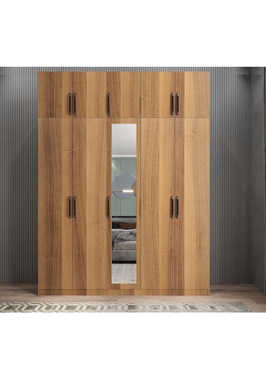 Soft 10 Kapaklı Yüklüklü Gizli Çekmeceli Gardırop Dolap Ceviz 200 Cm Ceviz