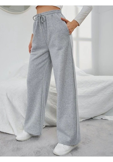 Kallima Kışlık Polarlı Yüksek Bel Gri Bol Paça Eşofman Altı Siyah