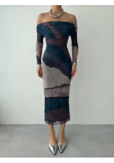 Sevilla Madonna Yaka Tül Elbise Haki