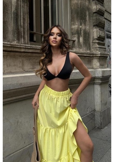 Audrey Fıfrlı Yırtmaç Detay Etek 4037 Sarı