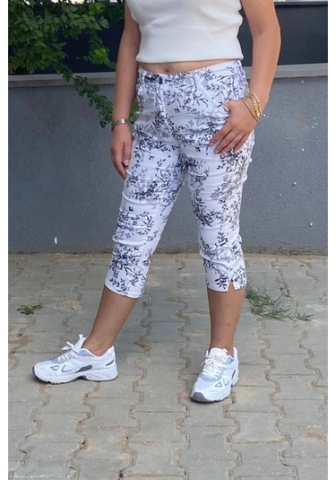 Kadın Beyaz-siyah Yaprak Deseli Kot Kapri Beyaz-siyah
