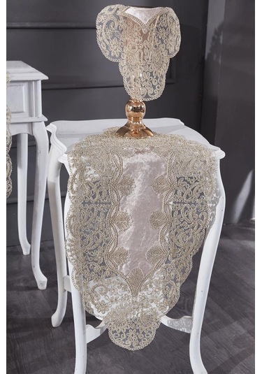 Fransız Güpürlü Kadife Sırma Salon Takımı 5 Parça Cappucino Cappucino