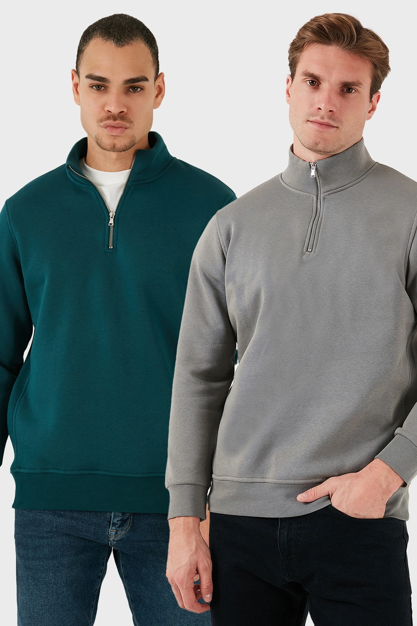 Buratti Pamuklu Regular Fit Dik Yaka 2'Li Paket Erkek Sweat 59052592S2 Açık Haki-Petrol