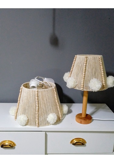 Çocuk Odası Avize Bebek Odası Avize Makrome Abajur Set Boncuk Ponpon Avize Ekru