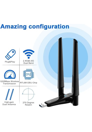Platoon Pl-9340 Ac1200 867mbps 5ghz + 300mbps 2.4 Ghz Çift Anten Wireless Usb Adaptör