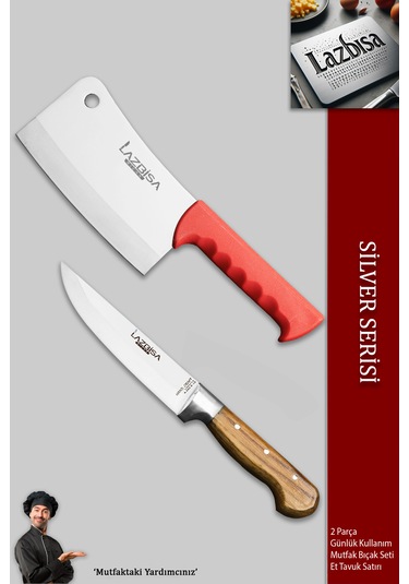 Silver Serisi Mutfak Bıçak Seti Sebze Et Tavuk Satırı Mft-457 Ahşap - Kırmızı