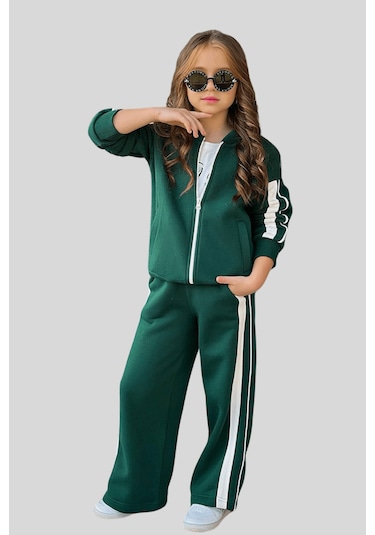 5-14 Yaş Candy Pretty Şeritli Kız Çocuk Takım Yeşil Yeşil