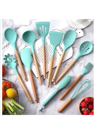 Yeşil Yeşil Silikon Mutfak Pişirme Gereçleri Seti Yapışmaz Tencere Spatula Kürek Yumurta Çırpıcı Ahşap Saplı Mutfak Alet Seti 4pcs Yeşil