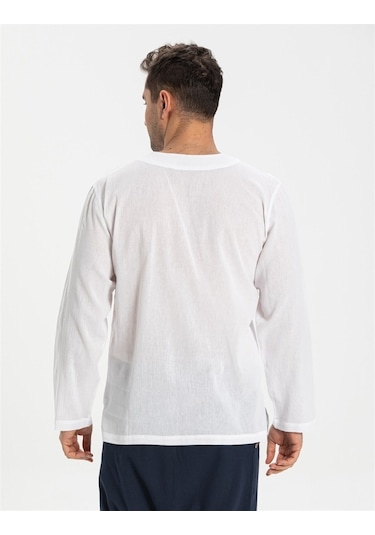 Uzun Kol Şile Bezi Zımbalı Erkek Tshirt Beyaz 3001