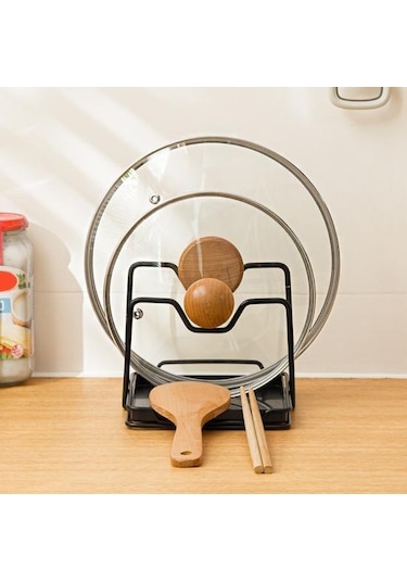 Siyah Tencere Kapağı Rafı Evrensel Havalandırma Yüksek Mukavemetli Büyük Mutfak Tezgahı Gereçler Depolama Organizatör Restoran İçin Siyah