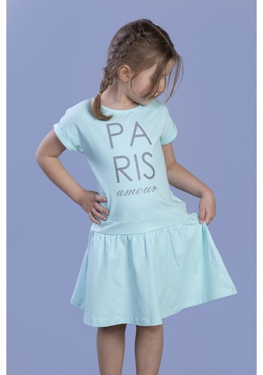 Toontoy Kız Çocuk Reflektör Baskılı Elbise Su Yeşili