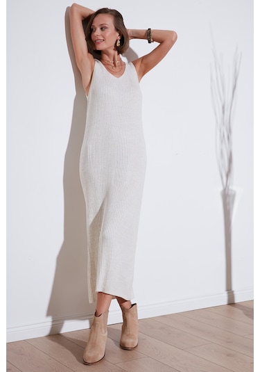 Lela V Yaka Fitilli Uzun Triko Bayan Elbise 4616169 Açık Taş