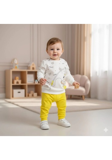 Erkek Bebek Ayıcık Baskılı Alt Üst İkili Gündelik Takım Sari