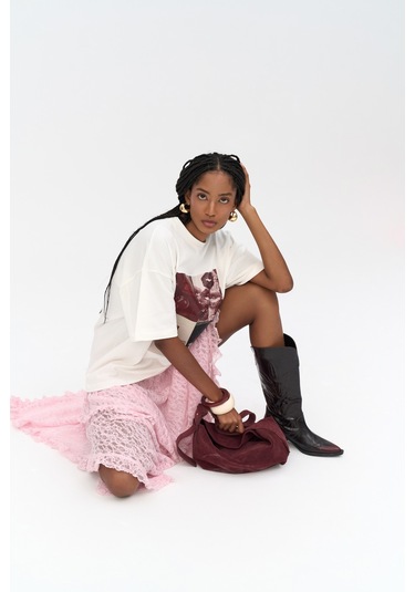 Mireya Asimetrik Pembe Dantel Etek Pembe