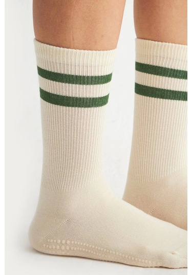 Bambu Kadın Ekru Kaydırmaz Taban Silikon Baskı Yoga Fitness Pilates Bale Dans Tenis Çorabı EKru