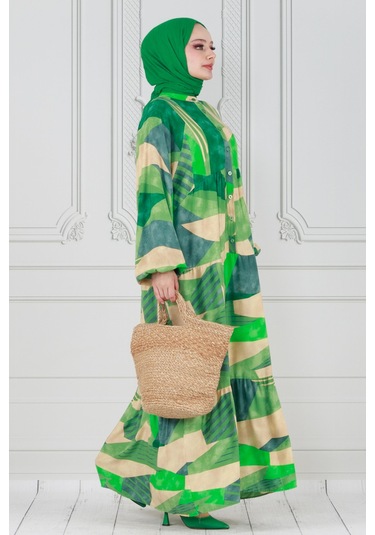Yarasa Kol Cam Kırığı Viskon Elbise-yeşil-3806 - Yeşil