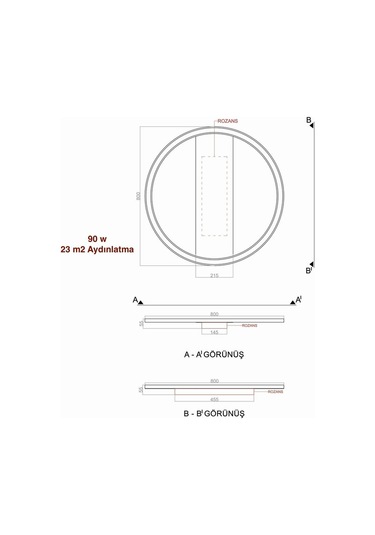 Tavan Tipi Led Avize Plafonia Transparent Daire 80cm Siyah - Sarı