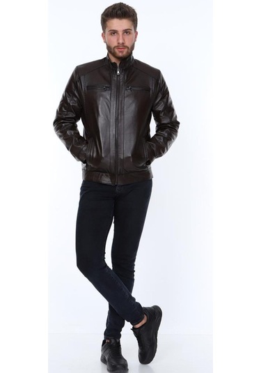 Hakiki Kuzu Derisi Fermuarlı Slim Fit Erkek Deri Ceket Kahverengi Kahverengi