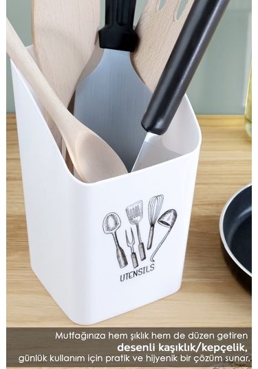 2'li Tezgah Üstü Kaşıklık - Mutfak Organizer Düzenleyici Kepçelik Kaşık Bıçak Standı Beyaz