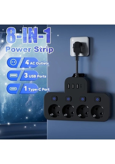 Besthome1 8 Adet Güç Şeridi 4 Ac Çıkışı 3 Usb 1 Type-c Siyah Kısa Kablo Bağımsız Anahtar