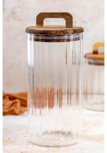 Qerhome Borosilikat Cam Optik Çizgili Akasya Kapaklı Kavanoz Zahire 3200 Ml Şeffaf