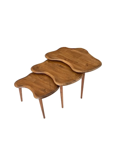 Fawdecor Asimetrik Masif Ahşap Zigon Sehpa Takımı 3'lü Set Ceviz