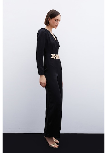 Sateen Birleşik Kemerli Saten Tulum - Siyah-136068 Siyah