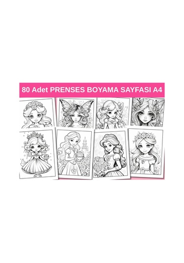 80 Adet Prenses Boyama Sayfası A4 Boyut, Kaliteli Basım,