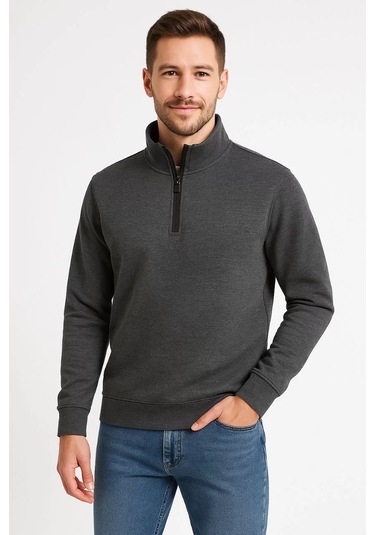 Erkek Dik Yaka Sweatshirt Dik Yaka Yarım Fermuarlı 3 İplik Şardonlu Pamuk Kumaş - Antrasit Antrasit