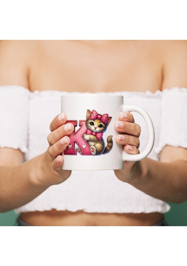 K Harfli Bardak, Sevimli Kedili Pembe Tasarım Bardak, Arkadaşa Aileye Hediye Porselen Beyaz