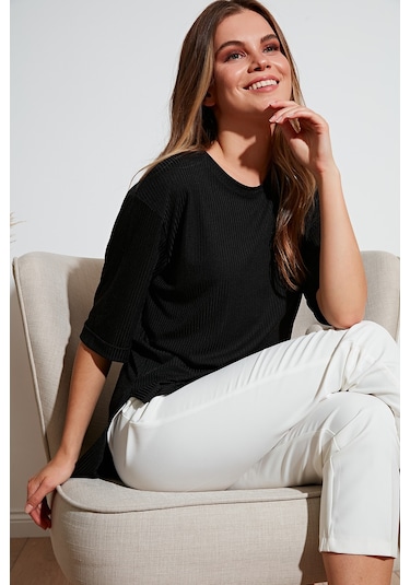 Lela Oversize Bisiklet Yaka Yırtmaç Detaylı Bayan Bluz 5863683 Siyah