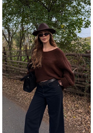 Kahverengi Kayık Yaka Kazak - 4338 Kahverengi