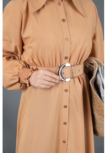 Sevitli Kemer Detaylı Elinna Elbise-camel-1568-camel Camel
