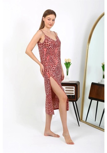 Giyim Kadın İp Askılı Uzun Parlak Micro Elbise Gecelik Kırmızı Kırmızı