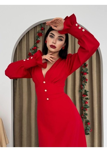 Meta Düğme Detaylı Elbise Altın