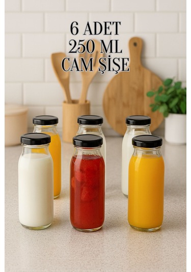 6 Adet 250 Ml Beslenme Şeffaf Meyve Suyu, Meşrubat, Limonata Şişesi Metal Kapaklı 250 Cc Şişe Siyah