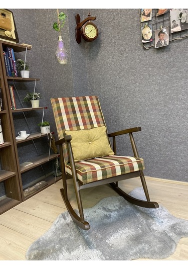 Asedia Trend Ceviz Ekose Hardal Sallanan Sandalye Dinlenme Koltuğu