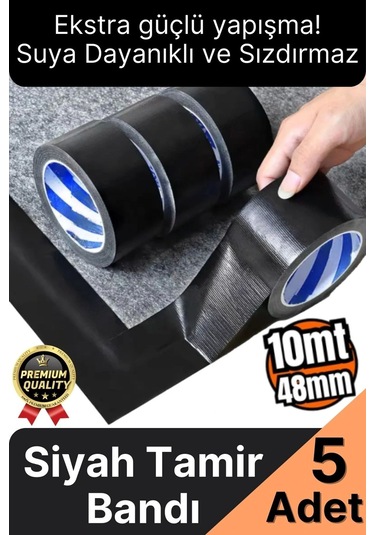 5 Adet Ekstra Güçlü Dayanıklı Su Geçirmez Sızdırmaz Yalıtım İzolasyon Siyah Tamir Bandı 10 Mt 48 Mm