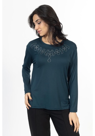 Yeni Model Taş İşlemeli Yuvarlak Yaka Likralı Anne Penye Bluz 6435-zümrüt Yeşili