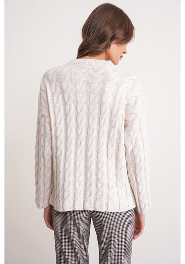 6973 Kadın Saç Örgülü Regular Basic Triko Kazak Taş Taş