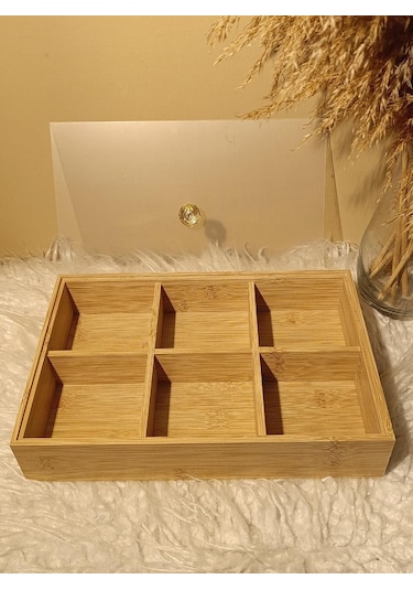 Ahşap Bambu 6 Bölmeli Kapaklı Poşet Sallama Bitki Çayı Saklama Kutusu Kabı Bambu