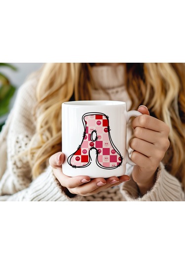 A Harfi Pembe Kareli Kalpli Göz Emojili Kupa Bardak Eğlenceli Kareli Tasarım Kahve Çay Kupası Beyaz