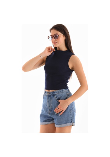 Kadın Likralı Kolsuz Crop Bluz Lacivert