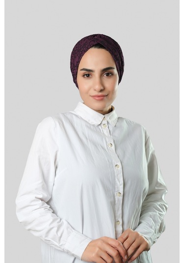 Mürdüm Pratik Hazır Geçmeli Tesettür Bone Jakar Kendinden Desenli 1209 07 Mürdüm