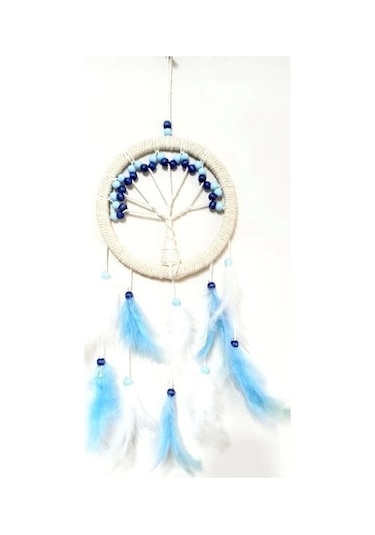 Mavi Beyaz Kuş Tüylü Hayat Ağacı Düş Kapanı Duvar Süsü