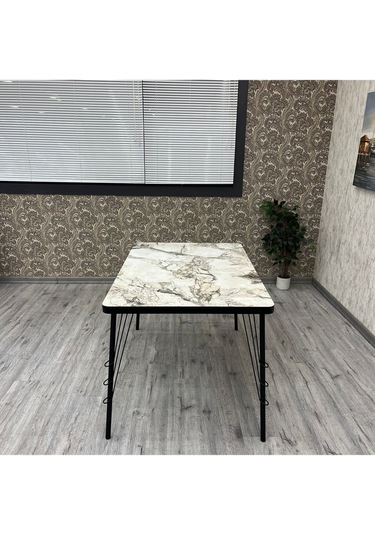By Orhan Güzel Mutfak Masaları Hasır Ayaklı 80-120 Dikdörtgen Mutfak Mutfak Masası Beyaz Mermer Desen