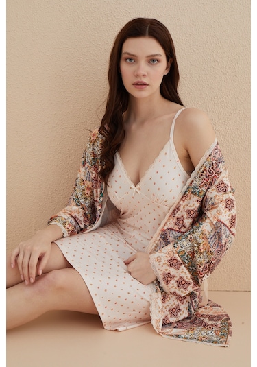 Kutulu Zen Örme Sabahlıklı Gecelik Takım - Çeyizlik Somon