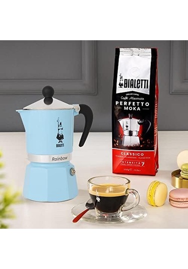 - Rainbow: 3 Cups Ocak Üstü Espresso Pişirici - 130ml - Açık Mavi Renk - Alüminyum Gövde - Patentli Güvenlik Valfi - Tüm Ocak Türleri İçin Uygundur İndüksiyon Hariç