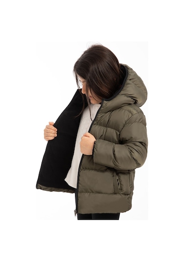 Kız Çocuk Haki Içi Polarlı Kapüşonlu Su Geçirmez Rüzgara Dayanıklı Şişme Kışlık Mont & Kaban Haki