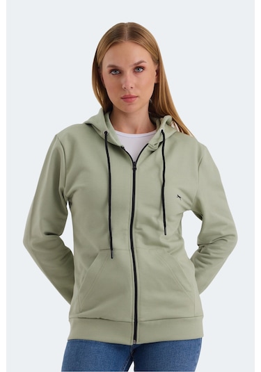 Slazenger Katya 2 Li Set Kadın Fermuarlı Kapüşonlu Cepli Sweatshırt Ekru - Yeşil